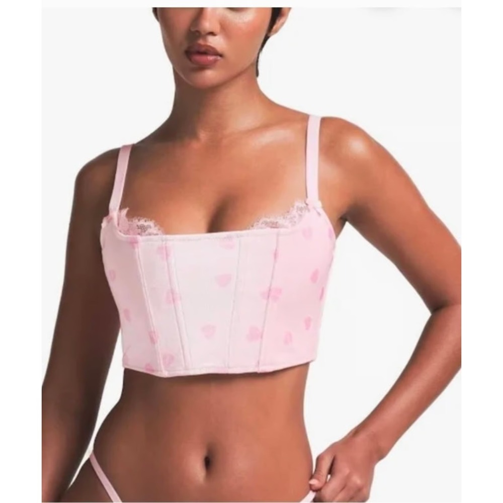 SKIMS NWT Limited Edition Velvet Lace Corset Top Pink Heart Breaker ‎ Large
